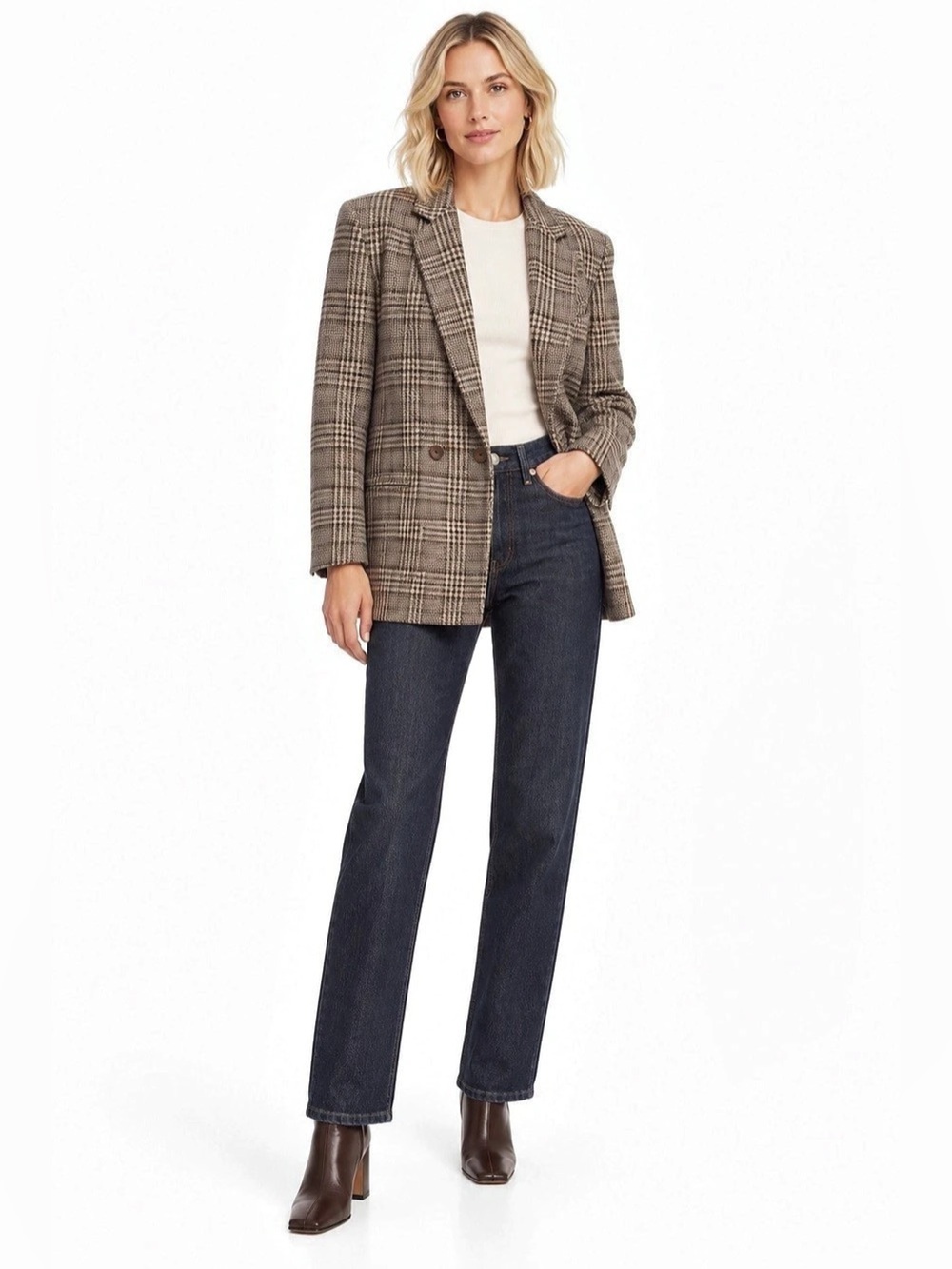 90s Vintage Anne Klein II 100% Wool Brown Glen Plaid Double Breasted Blazer 4